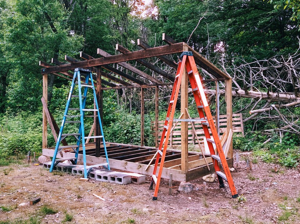 a small partially framed shed with a couple ladders standing next to it. in the background are trees and one big dead tree lying on its side.