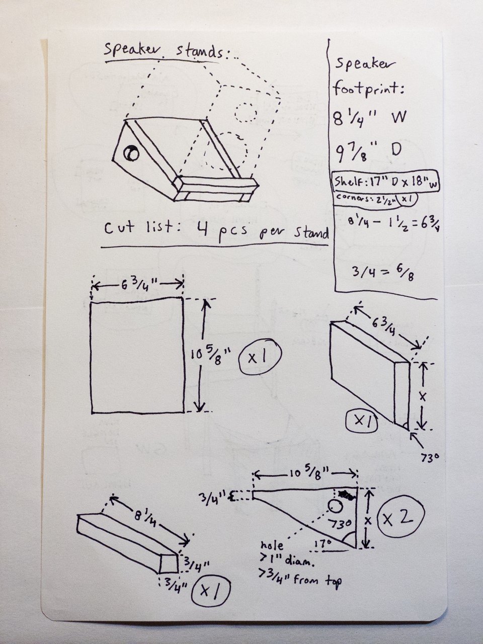 sketch of a speaker stand made of plywood and a cut sheet for making it