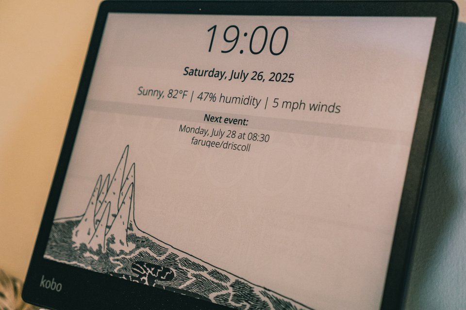an e-reader displaying the time and weather
