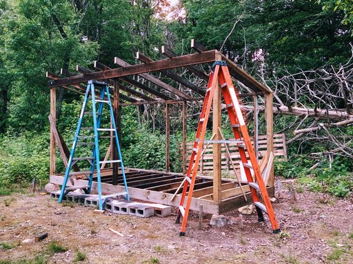 a small partially framed shed with a couple ladders standing next to it. in the background are trees and one big dead tree lying on its side.